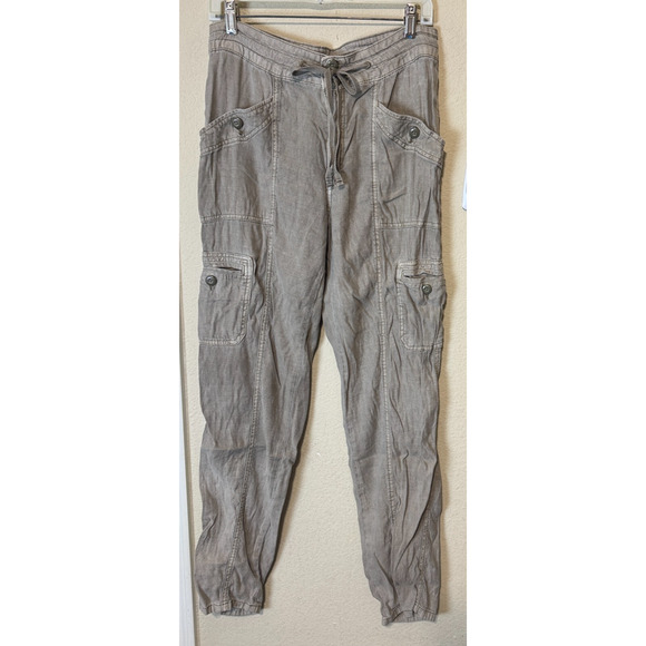 AMERICAN EAGLE Khaki Linen Blend Pants Cargo drawstring waist sz 8L tall - Picture 1 of 10